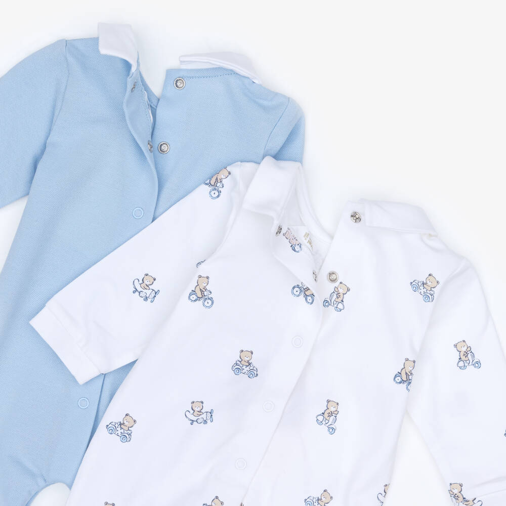 Mayoral Для новорожденных-Boys Ivory & Blue Cotton Teddy Print Babygrows (2 Pack) | Childrensalon