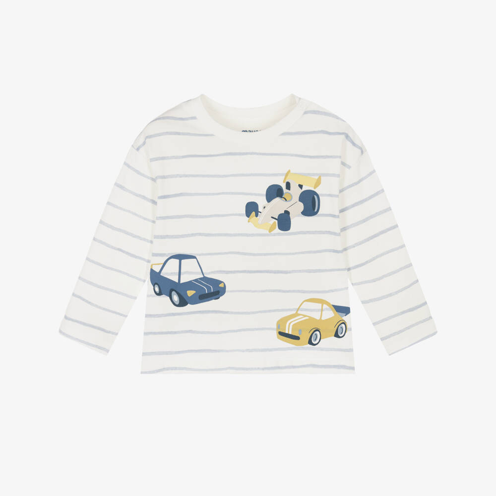 Mayoral-Boys Ivory & Blue Cotton Top with Car Motifs | Childrensalon