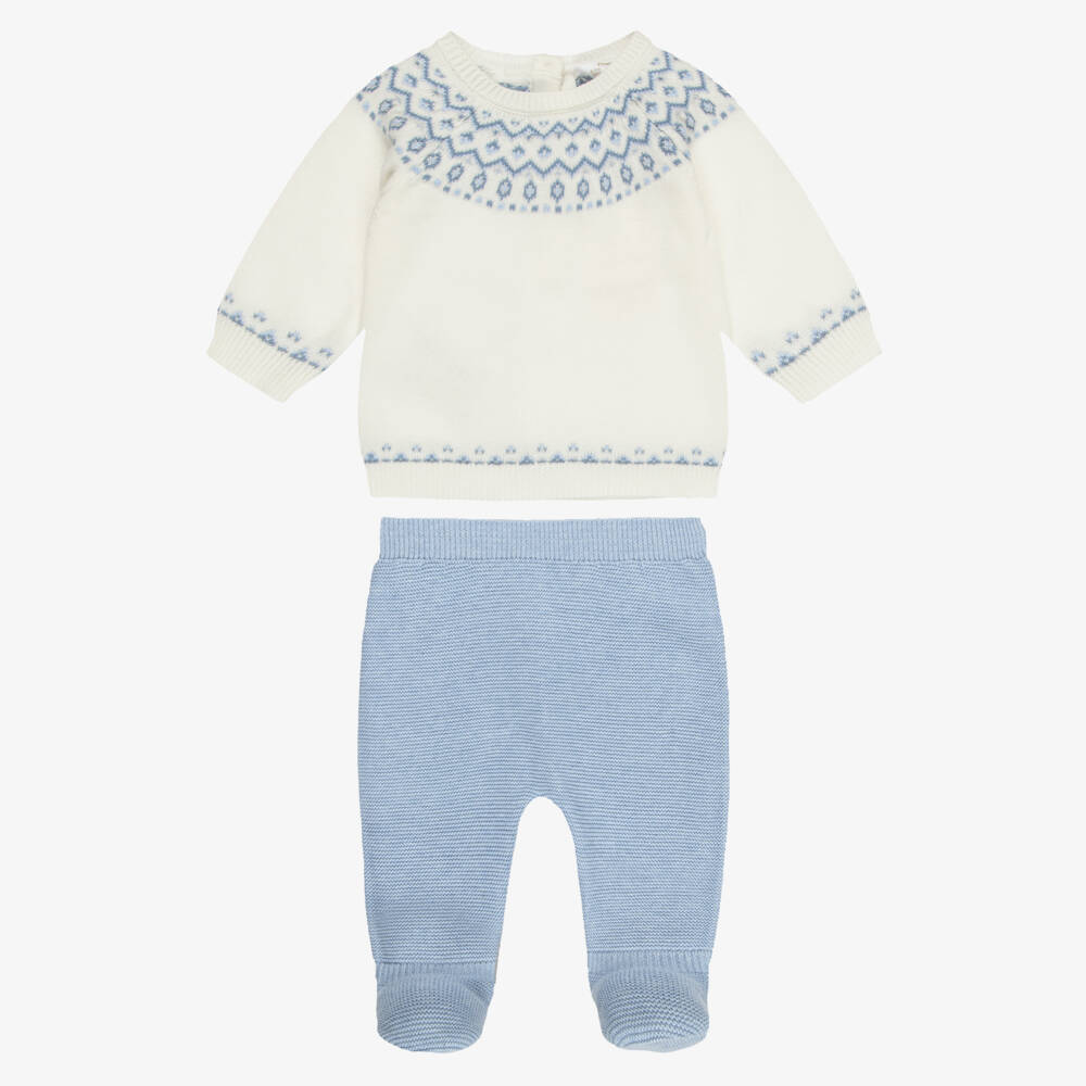 Mayoral Newborn-Boys Ivory & Blue Fair Isle Knit 2-Piece Babygrow | Childrensalon