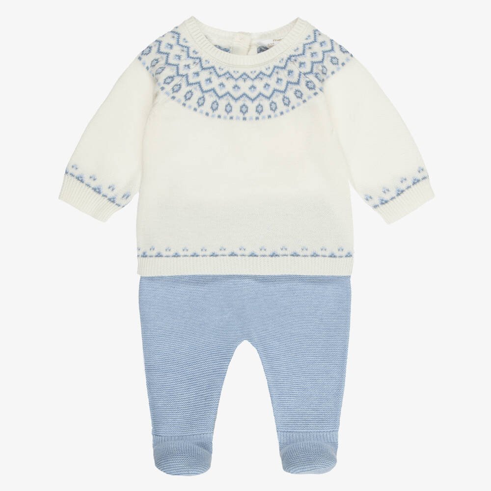 Mayoral Newborn-Boys Ivory & Blue Fair Isle Knit 2-Piece Babygrow | Childrensalon