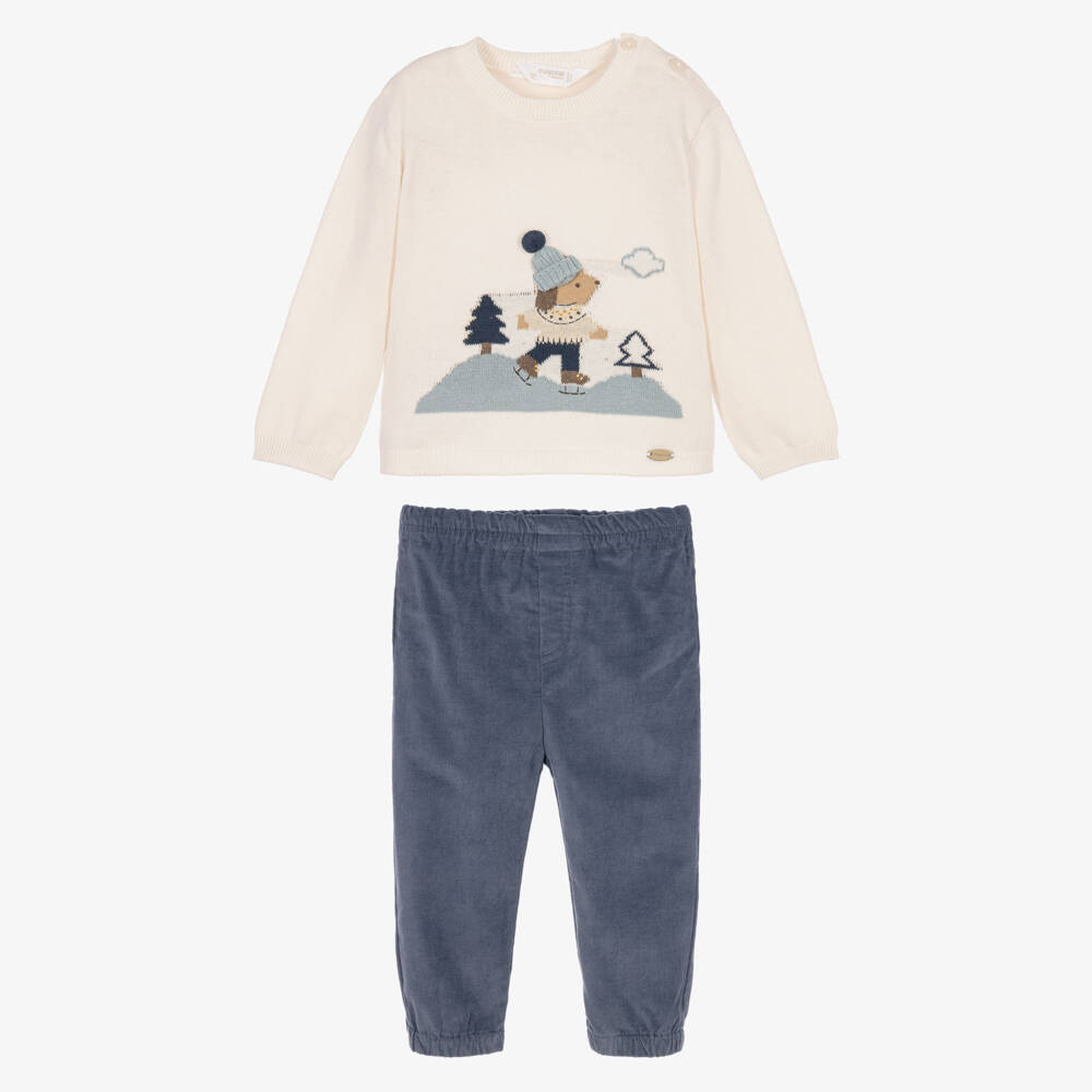 Mayoral Newborn-Boys Ivory & Blue Ice Skating Dog Trouser Set | Childrensalon