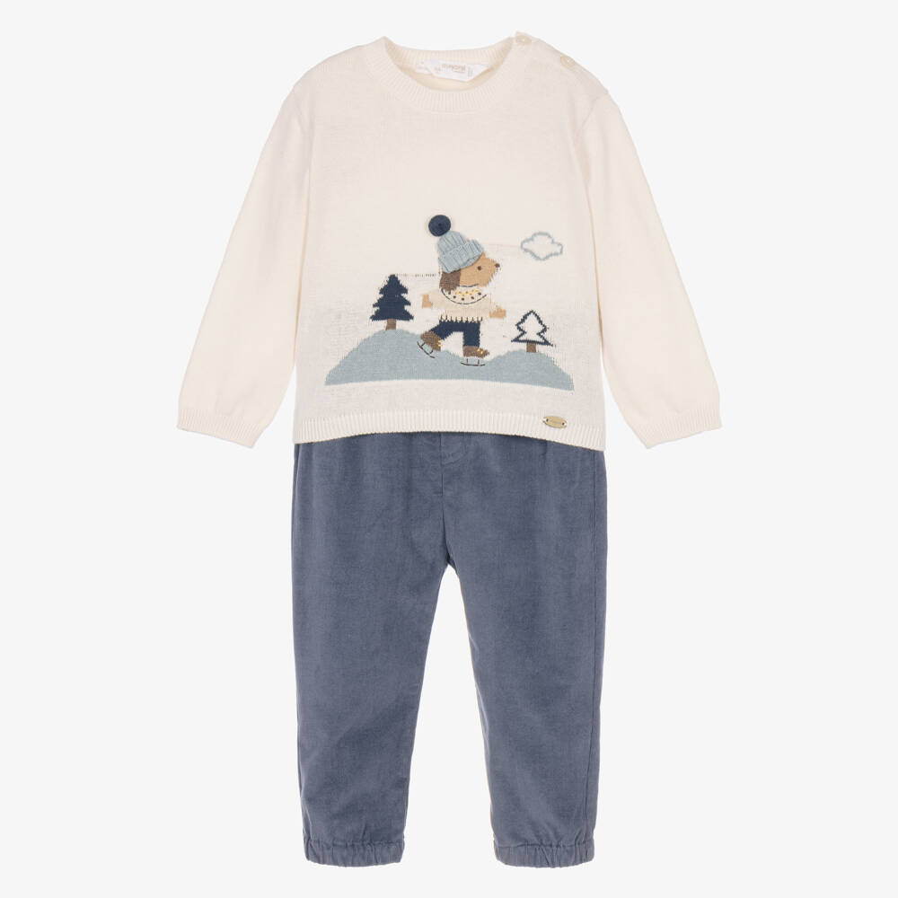 Mayoral Newborn-Boys Ivory & Blue Ice Skating Dog Trouser Set | Childrensalon