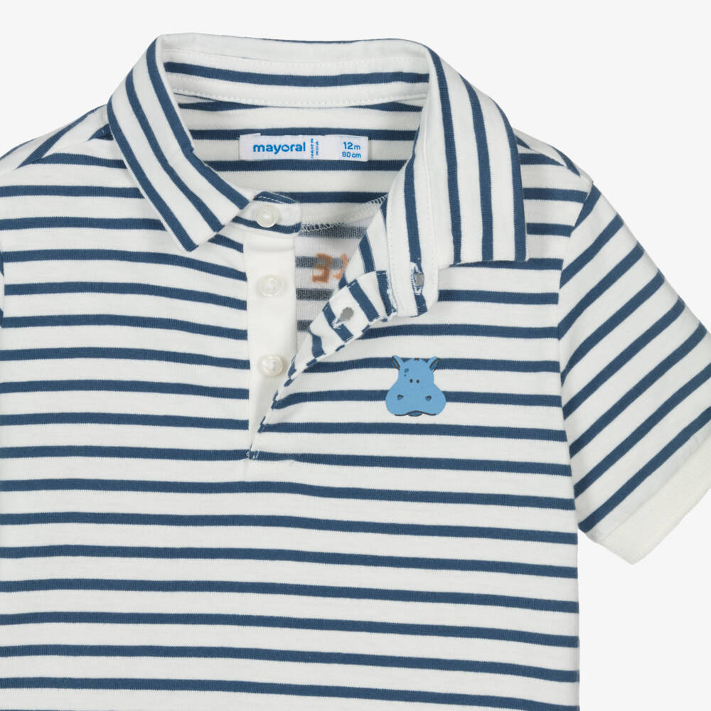Mayoral-Boys Ivory & Blue Striped Cotton Polo Shirt | Childrensalon