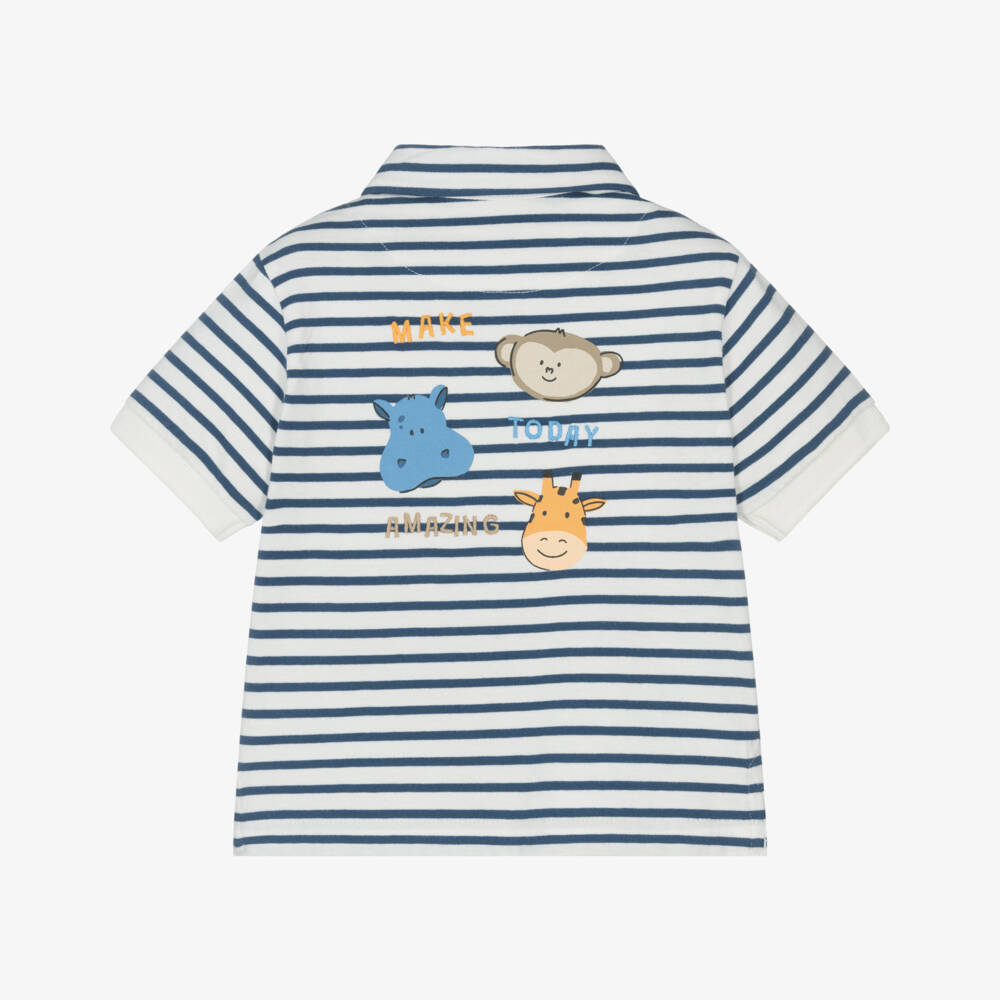 Mayoral-Boys Ivory & Blue Striped Cotton Polo Shirt | Childrensalon