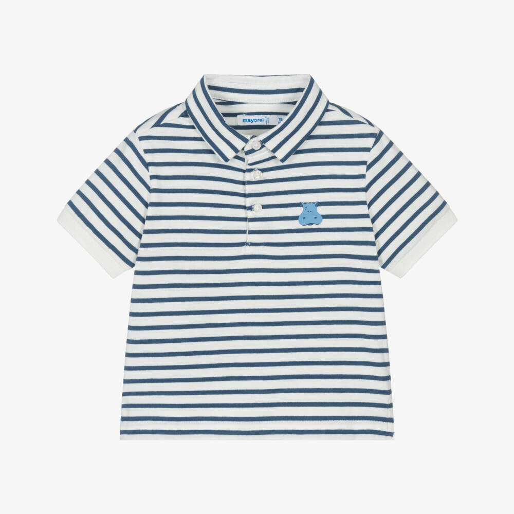 Mayoral-Boys Ivory & Blue Striped Cotton Polo Shirt | Childrensalon