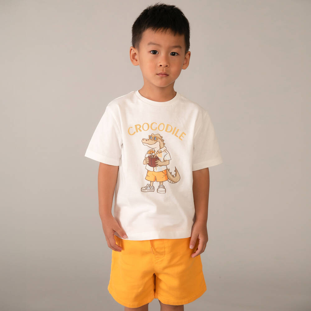 Mayoral-Футболка кремовая хлопковая с крокодилом для мальчиков | Childrensalon