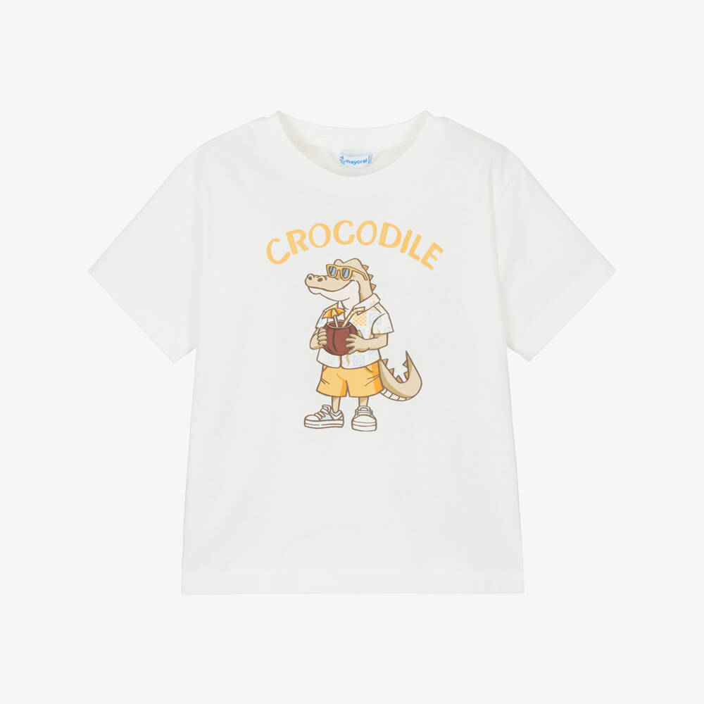 Mayoral-Футболка кремовая хлопковая с крокодилом для мальчиков | Childrensalon