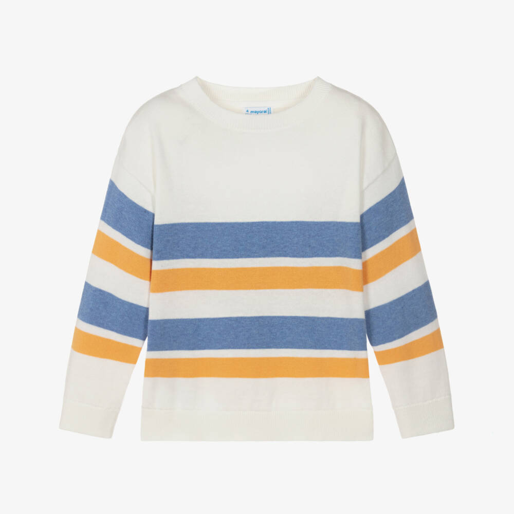 Mayoral-Boys Ivory Cotton Knit Jumper with Blue & Orange Stripes | Childrensalon