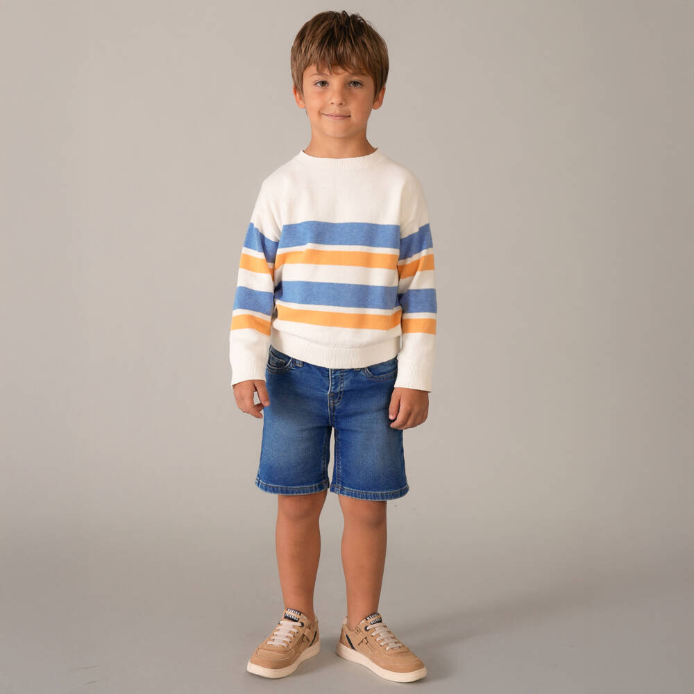 Mayoral-Boys Ivory Cotton Knit Jumper with Blue & Orange Stripes | Childrensalon