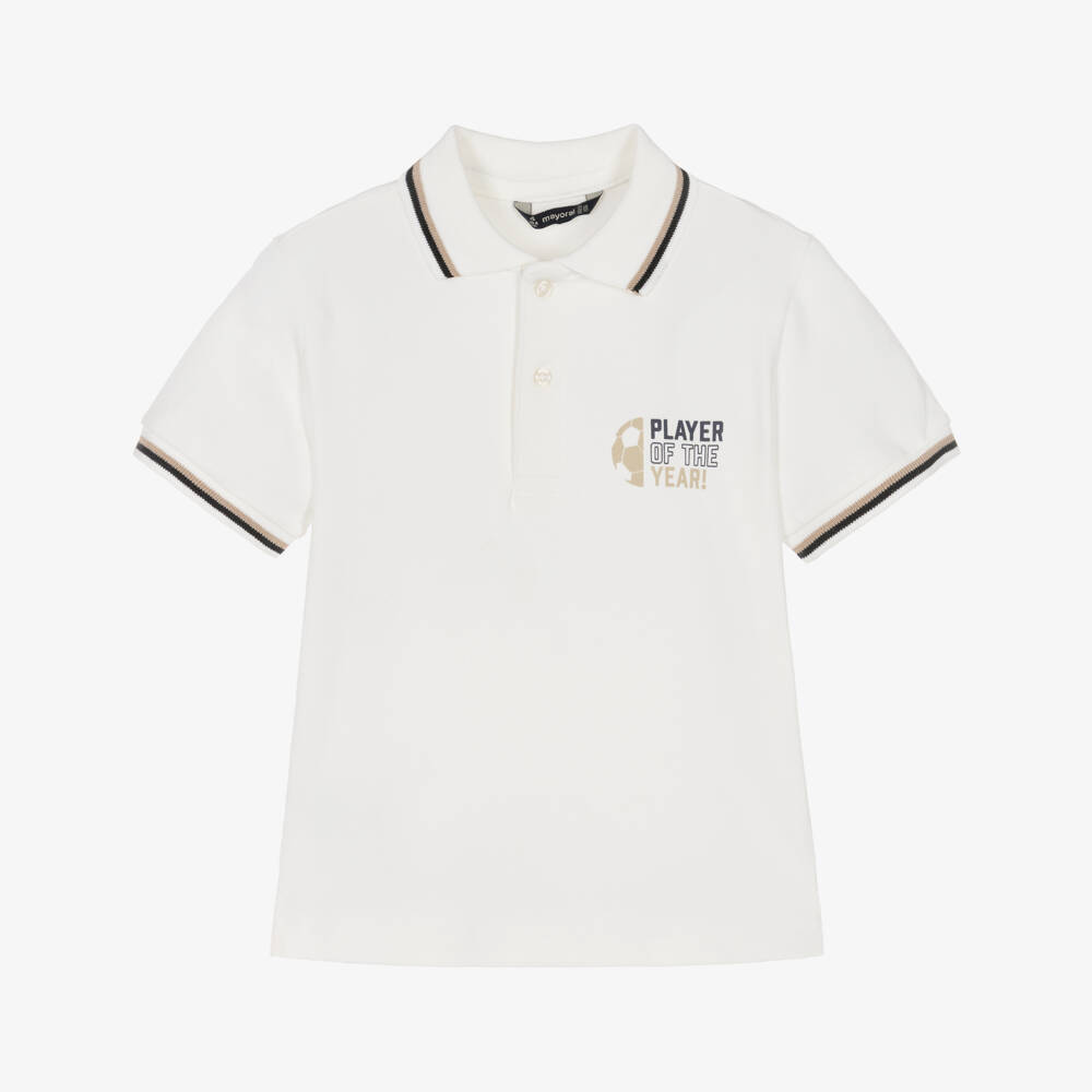 Mayoral-Boys Ivory Cotton Piqué Football Polo Shirt | Childrensalon