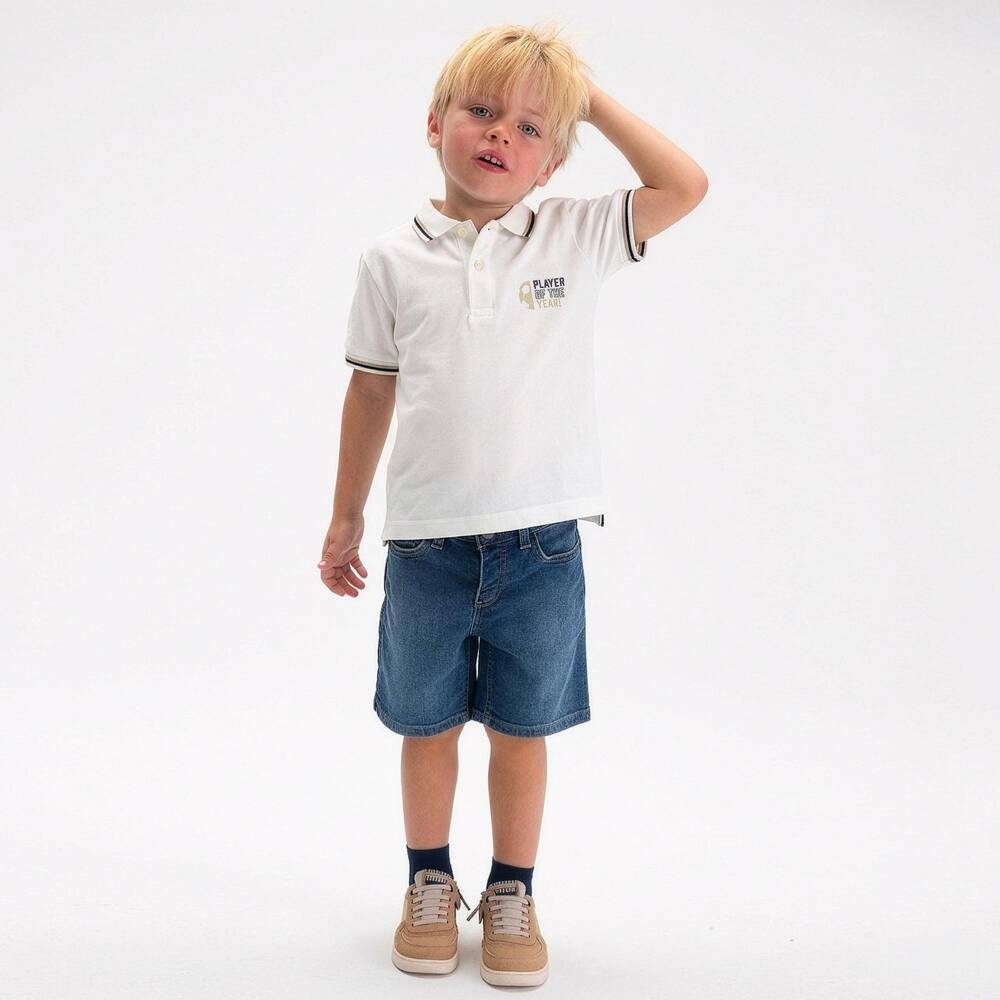 Mayoral-Boys Ivory Cotton Piqué Football Polo Shirt | Childrensalon