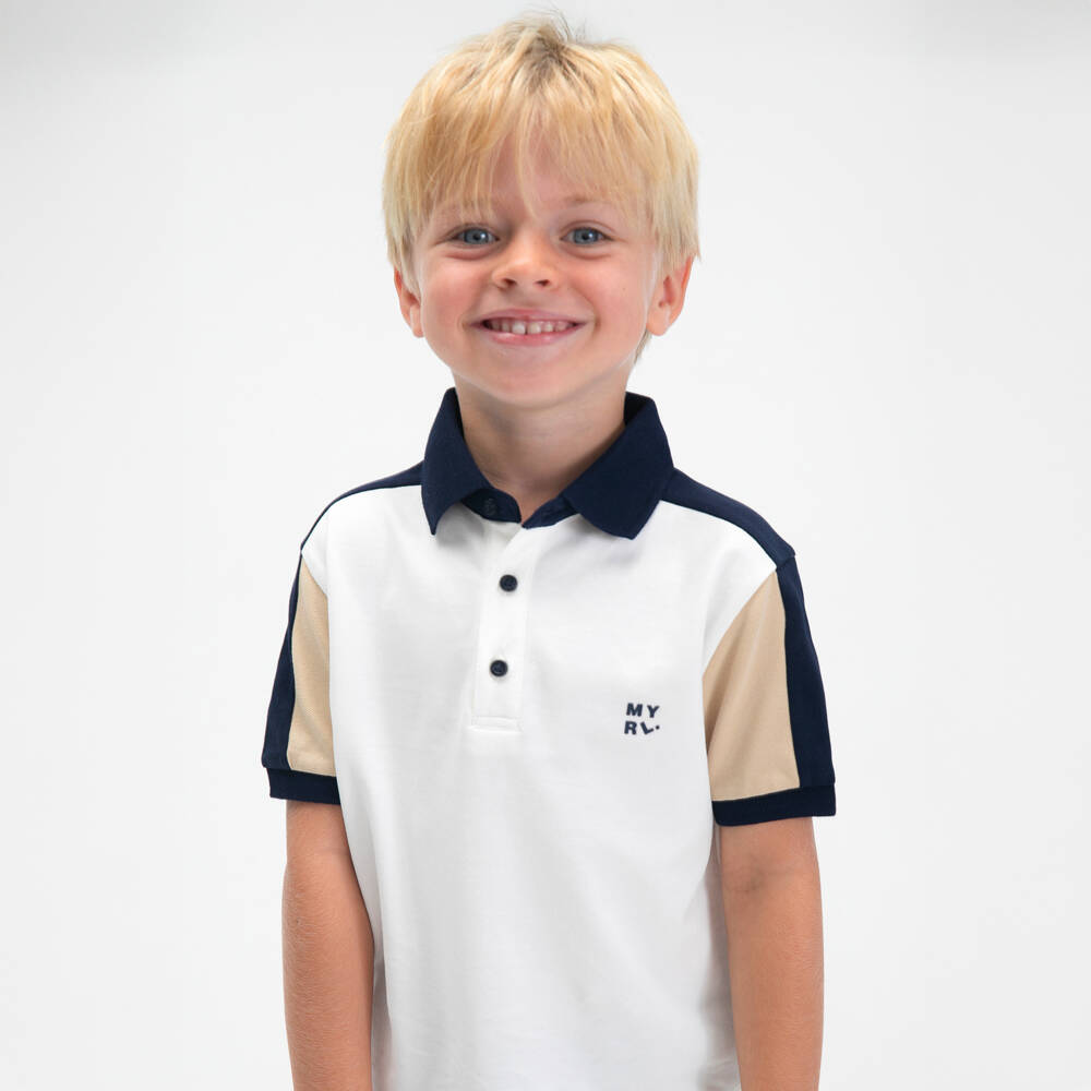 Mayoral-Boys Ivory Cotton Polo Shirt with Beige & Navy Blue Trim | Childrensalon