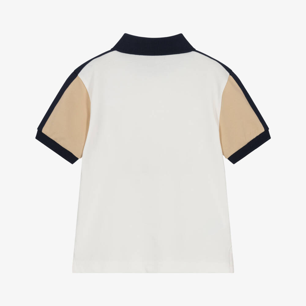 Mayoral-Boys Ivory Cotton Polo Shirt with Beige & Navy Blue Trim | Childrensalon