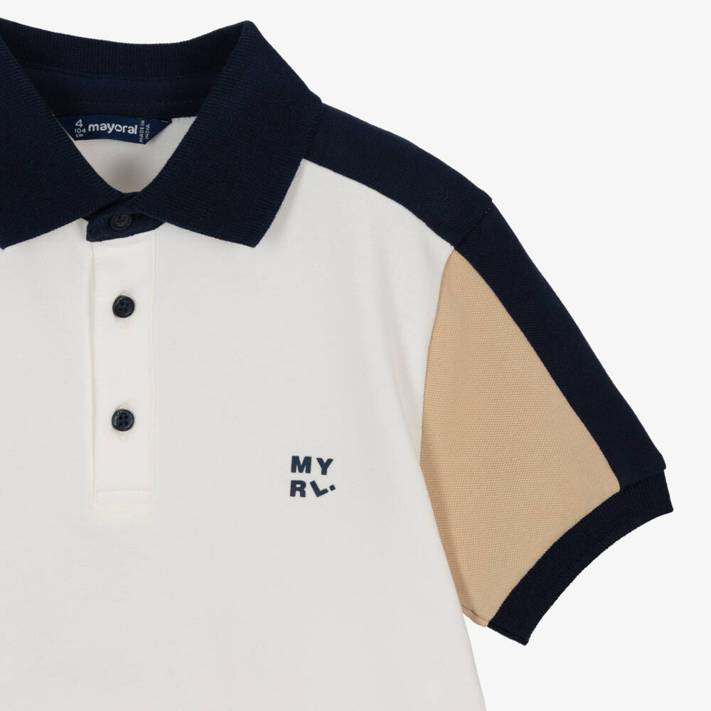 Mayoral-Boys Ivory Cotton Polo Shirt with Beige & Navy Blue Trim | Childrensalon
