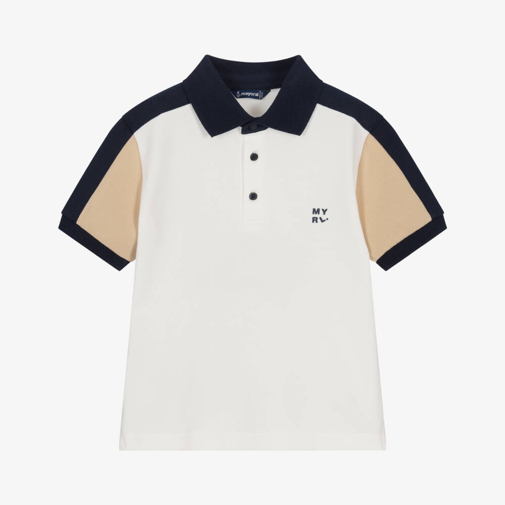 Mayoral-Boys Ivory Cotton Polo Shirt with Beige & Navy Blue Trim | Childrensalon