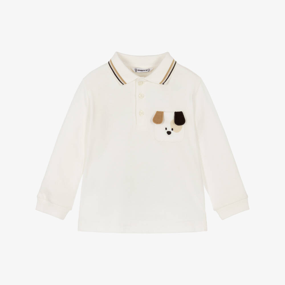 Mayoral-Boys Ivory Cotton Polo Shirt with Puppy Pocket  | Childrensalon