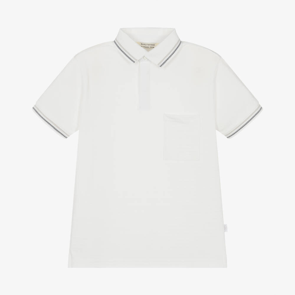 Mayoral Nukutavake-Boys Ivory Cotton Polo Shirt with Tonal Stripe | Childrensalon