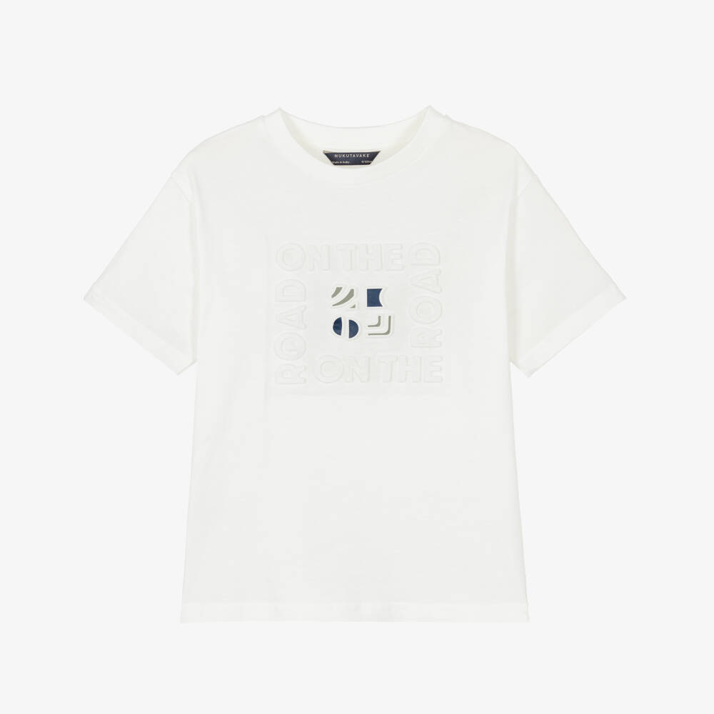 Mayoral Нукутаваке-Футболка кремовая из хлопка с объемным слоганом для мальчиков | Childrensalon