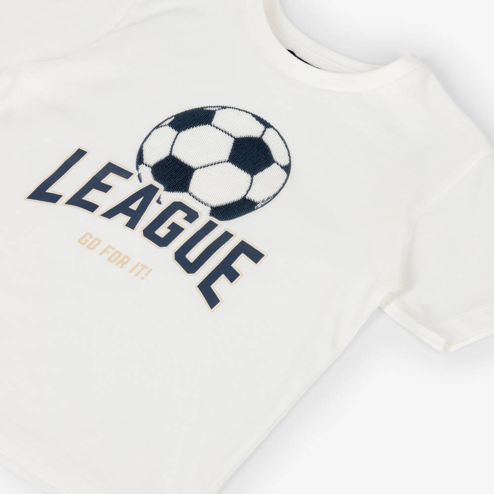 Mayoral-Boys Ivory Cotton T-Shirt with Rubberised Football Motif | Childrensalon