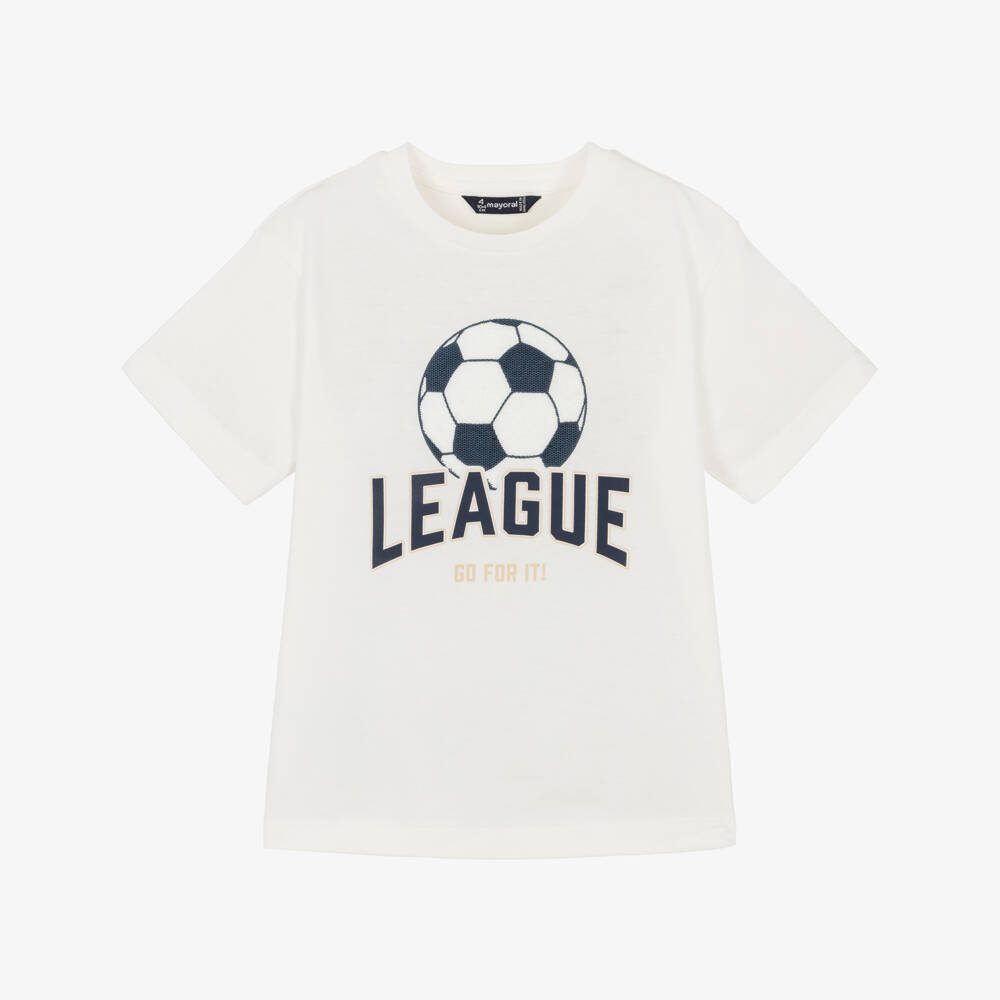 Mayoral-Boys Ivory Cotton T-Shirt with Rubberised Football Motif | Childrensalon