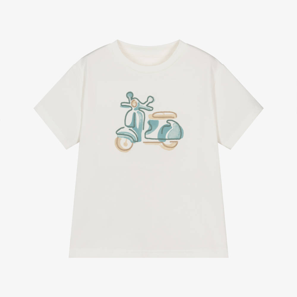 Mayoral-Футболка кремовая хлопковая с мотороллером Vespa для мальчиков  | Childrensalon