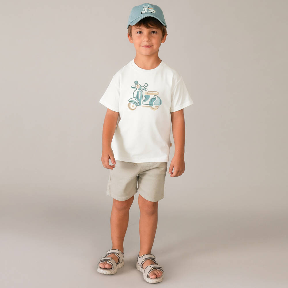 Mayoral-Футболка кремовая хлопковая с мотороллером Vespa для мальчиков | Childrensalon