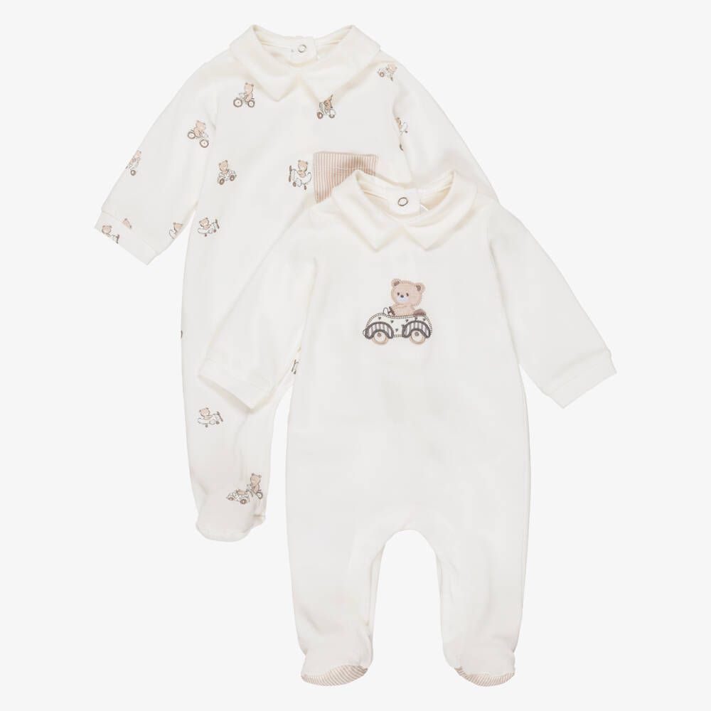 Mayoral Newborn-Boys Ivory Cotton Teddy Bear Print Babygrows (2 Pack) | Childrensalon