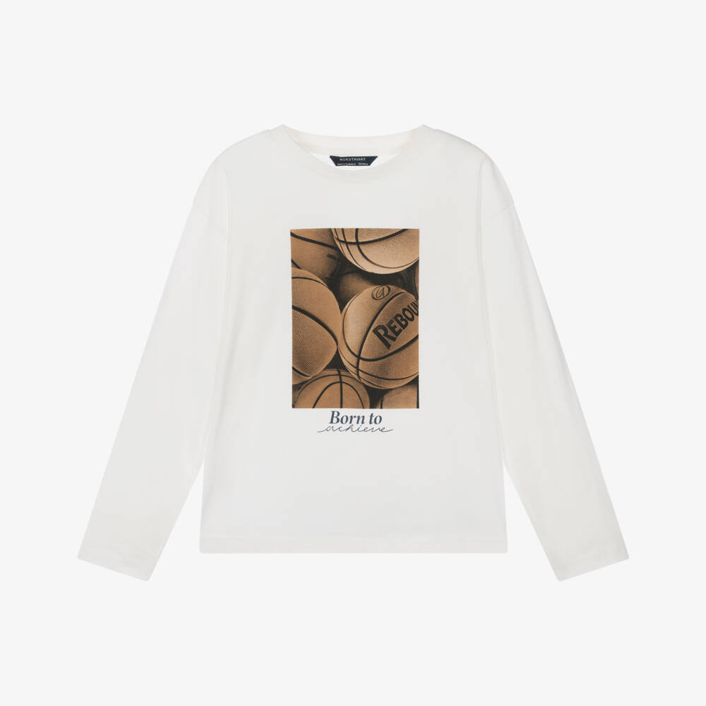 Mayoral Nukutavake-Boys Ivory Cotton Top with Basketball Graphic Print | Childrensalon