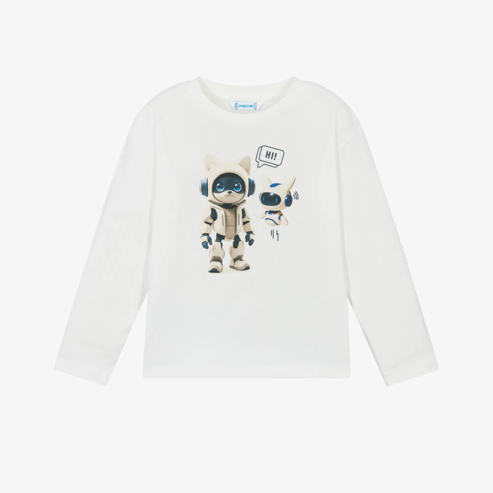 Mayoral-Boys Ivory Cotton Top with Robot Graphic | Childrensalon