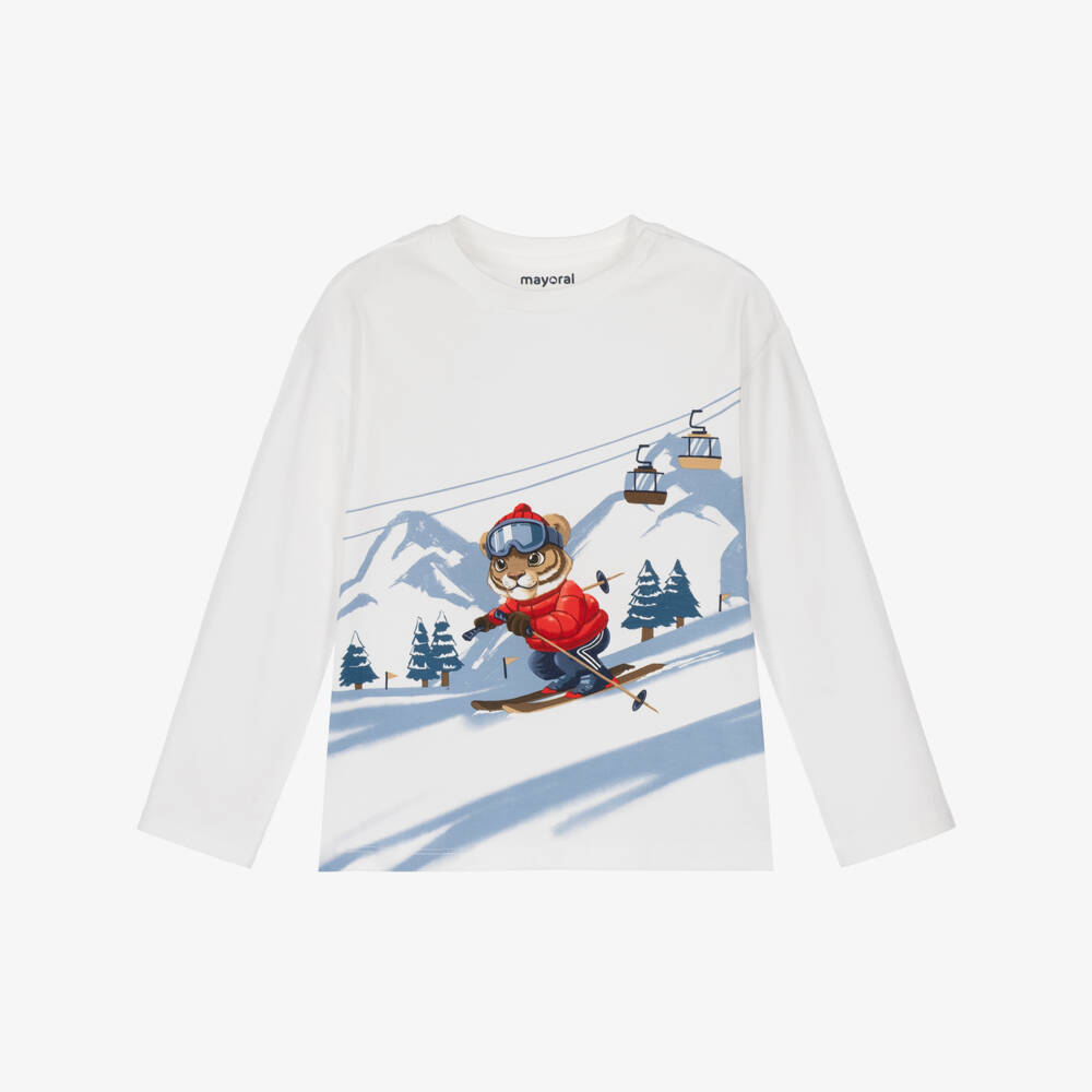 Mayoral-Boys Ivory Cotton Top with Tiger Ski Print | Childrensalon