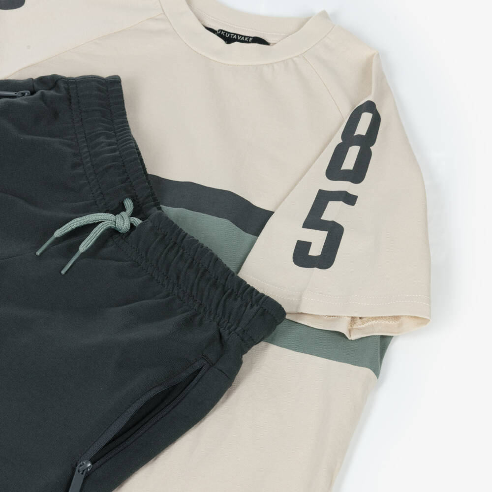 Mayoral Nukutavake-Boys Ivory & Dark Grey Jersey Shorts Set with Zip Pockets | Childrensalon