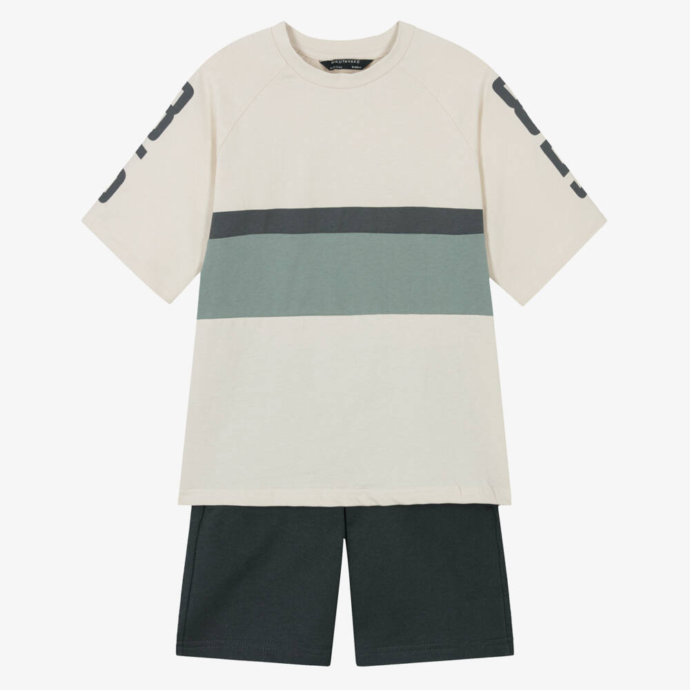 Mayoral Nukutavake-Boys Ivory & Dark Grey Jersey Shorts Set with Zip Pockets | Childrensalon