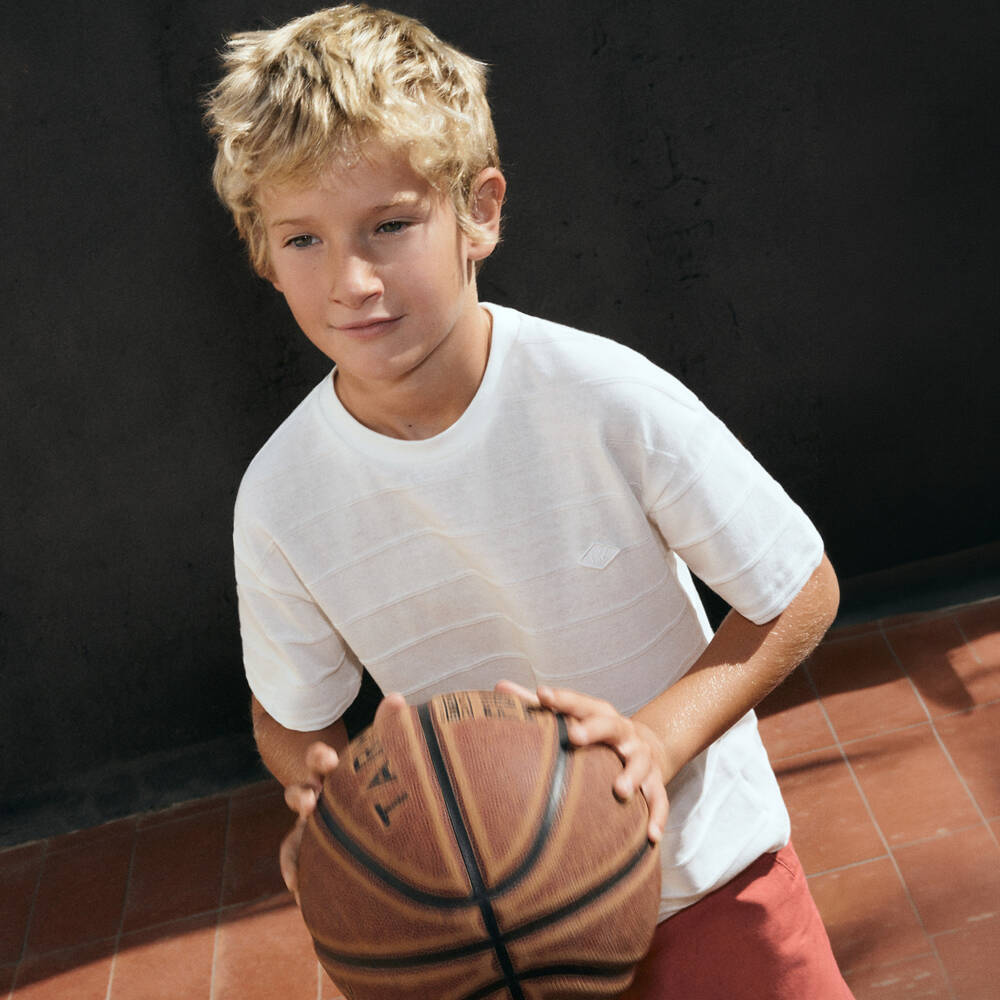 Mayoral Nukutavake-Boys Ivory Fine Knit T-Shirt with Textured Stripes | Childrensalon