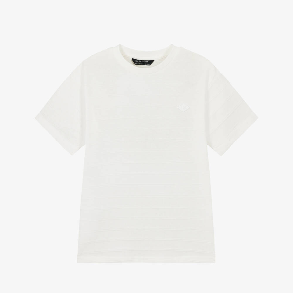 Mayoral Nukutavake-Boys Ivory Fine Knit T-Shirt with Textured Stripes | Childrensalon