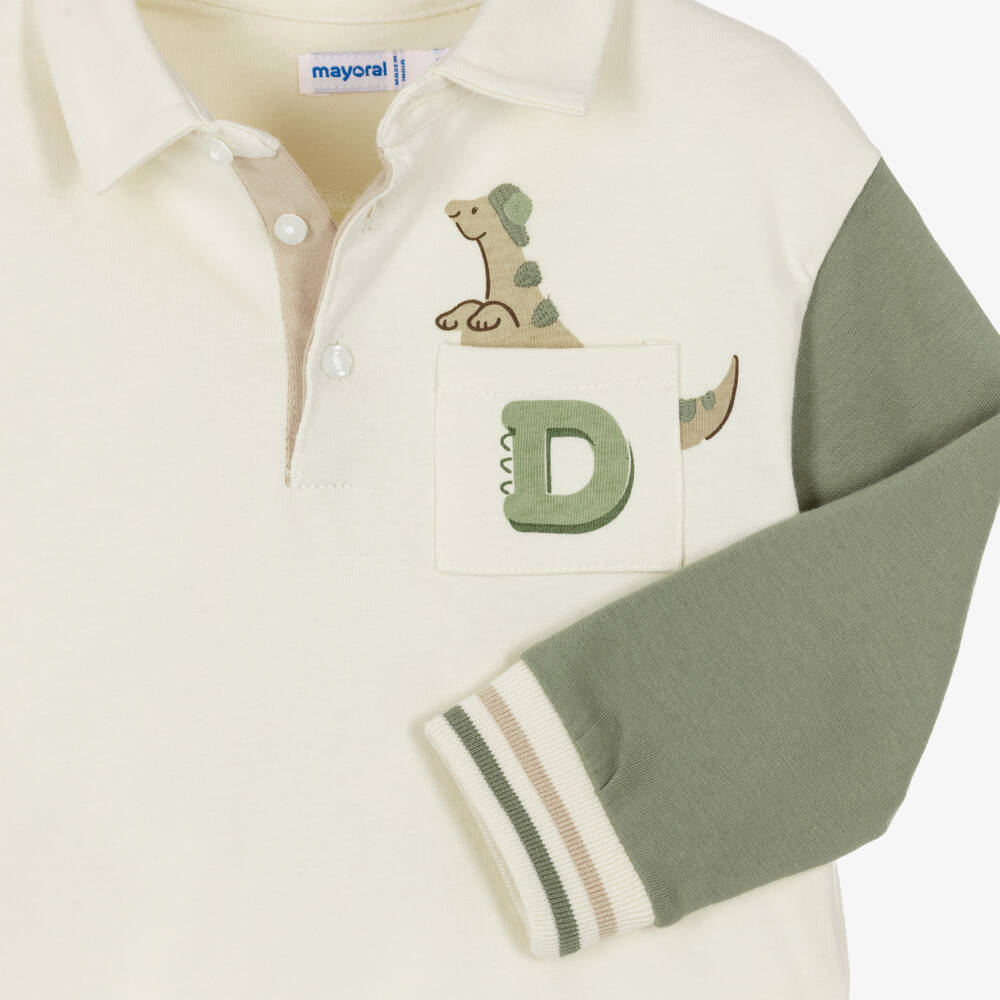 Mayoral-Boys Ivory & Green Cotton Dinosaur Polo Top | Childrensalon