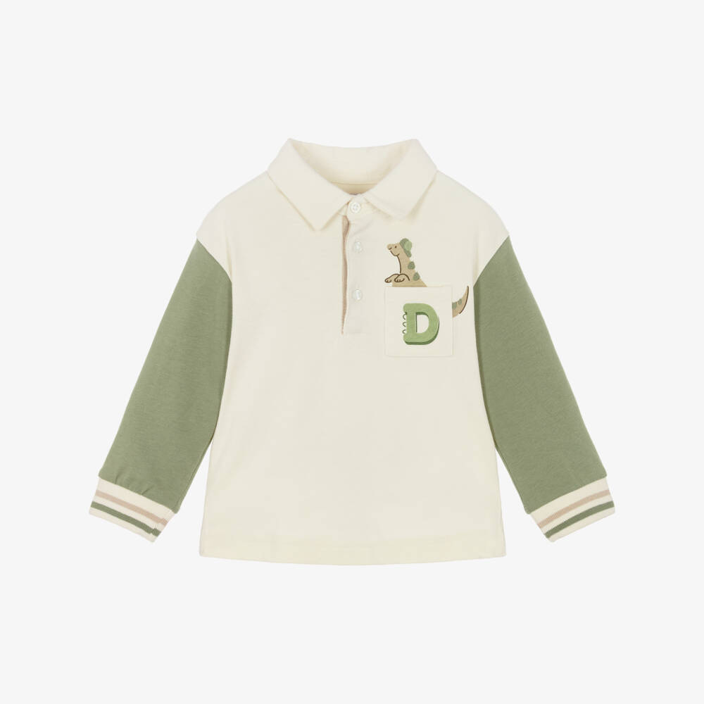 Mayoral-Boys Ivory & Green Cotton Dinosaur Polo Top | Childrensalon