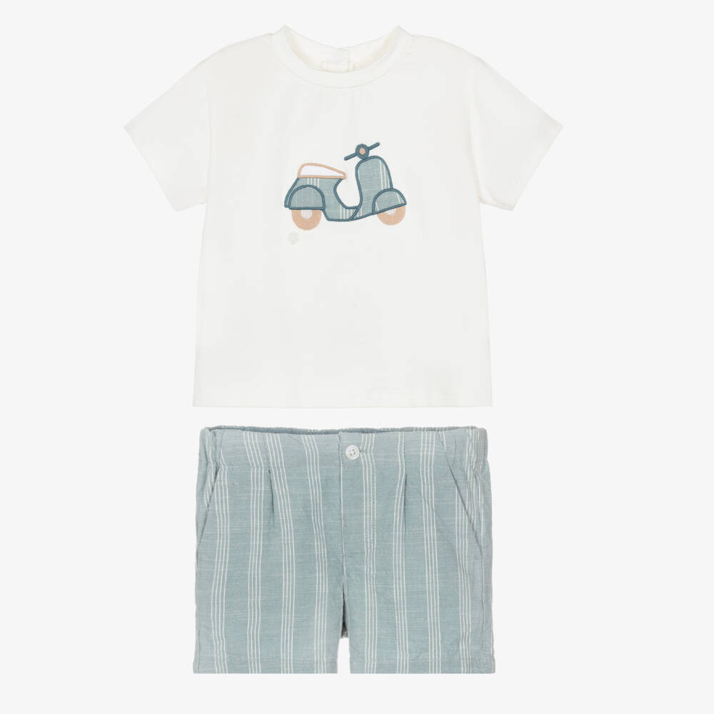 Mayoral-Boys Ivory & Green Striped Shorts Set with Moped Motif | Childrensalon