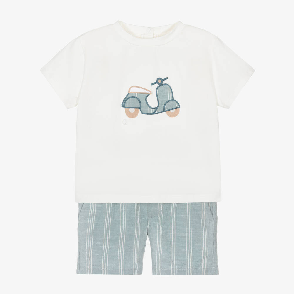 Mayoral-Boys Ivory & Green Striped Shorts Set with Moped Motif | Childrensalon