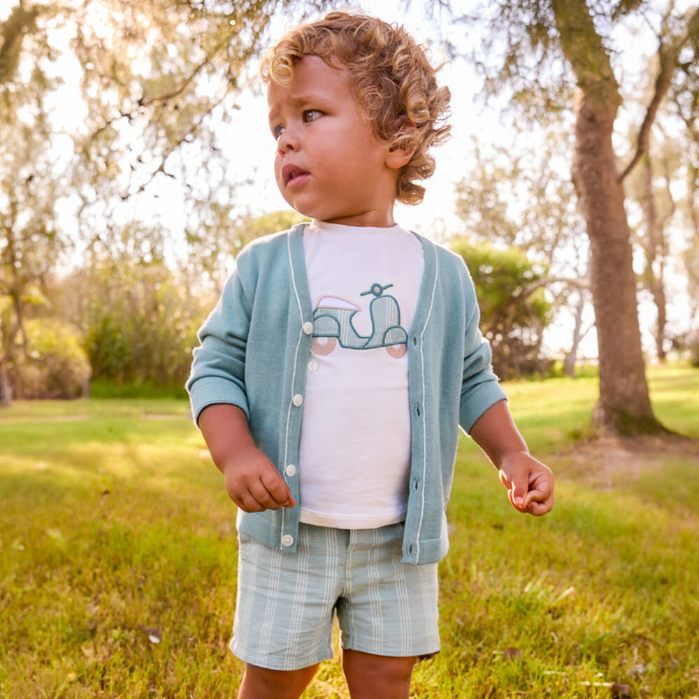 Mayoral-Boys Ivory & Green Striped Shorts Set with Moped Motif | Childrensalon