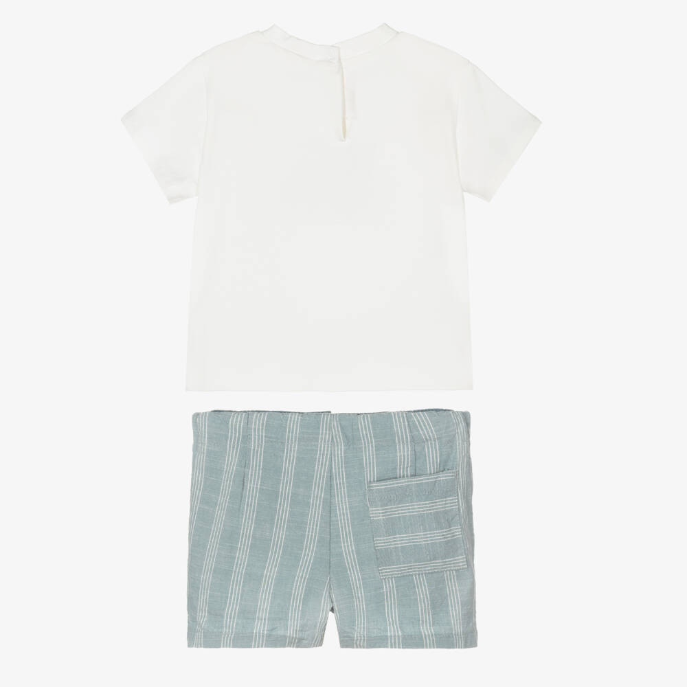 Mayoral-Boys Ivory & Green Striped Shorts Set with Moped Motif | Childrensalon