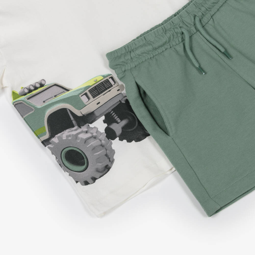 Mayoral-طقم شورت بطبعة شاحنة لون عاجي وأخضر للأولاد | Childrensalon