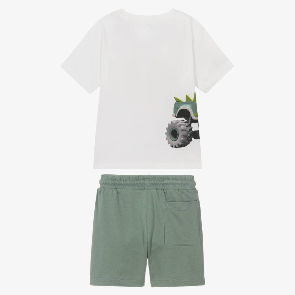 Mayoral-طقم شورت بطبعة شاحنة لون عاجي وأخضر للأولاد | Childrensalon