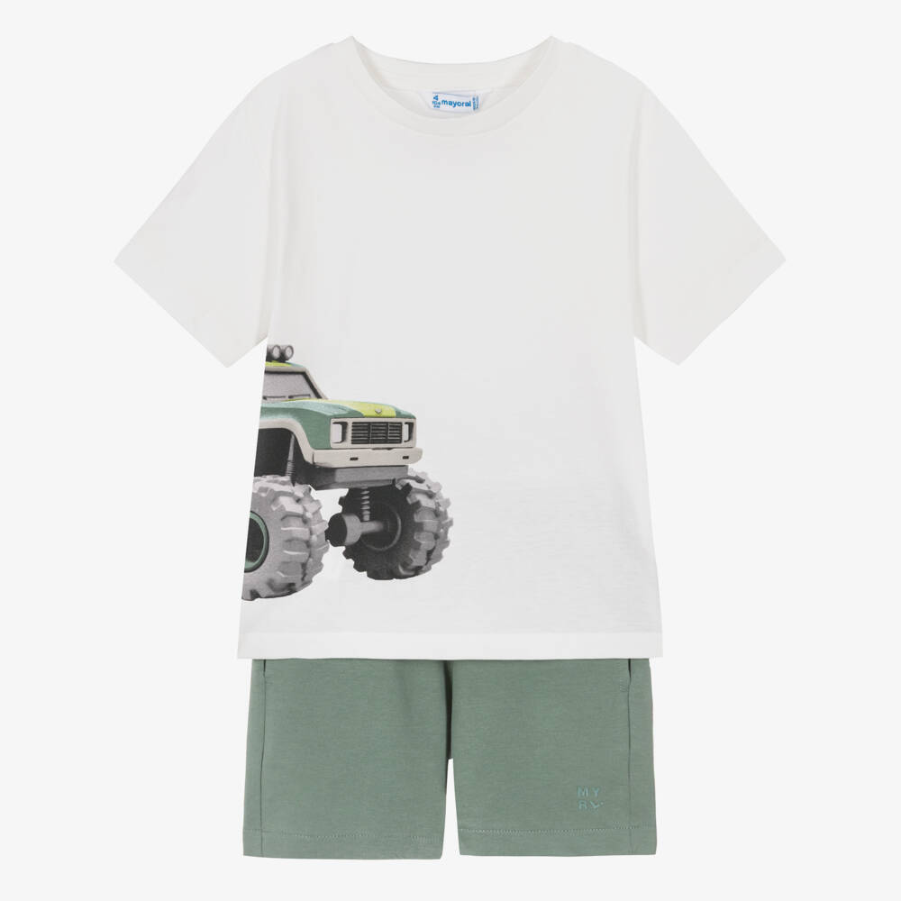 Mayoral-Boys Ivory & Green Truck Print Shorts Set | Childrensalon