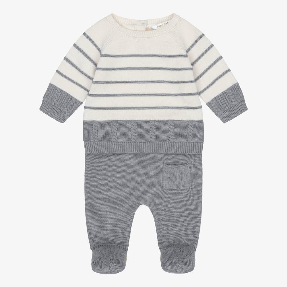 Mayoral Newborn-Boys Ivory & Grey Cotton Knit 2-Piece Babygrow | Childrensalon