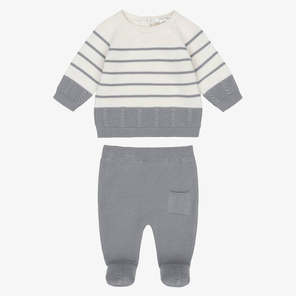 Mayoral Newborn-Boys Ivory & Grey Cotton Knit 2-Piece Babygrow | Childrensalon