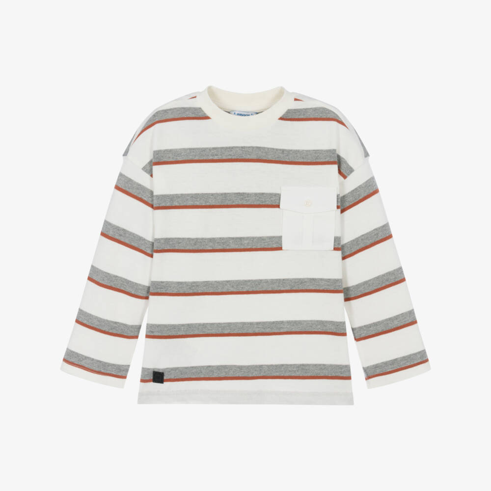 Mayoral-Boys Ivory & Grey Striped Long Sleeve Top | Childrensalon