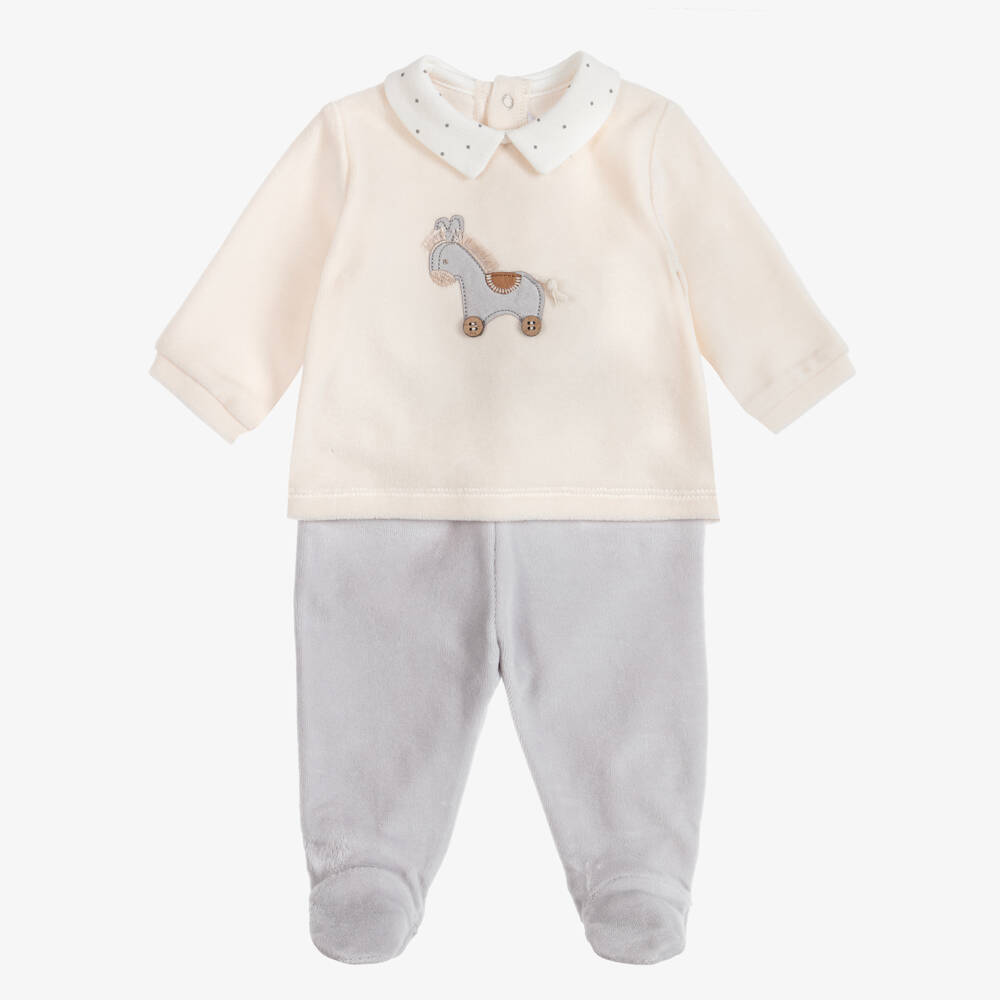 Mayoral Newborn-Boys Ivory & Grey Velour 2-Piece Babygrow | Childrensalon