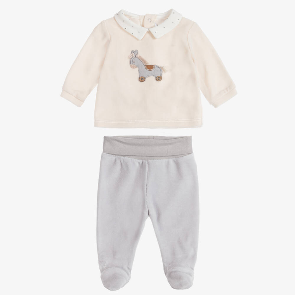 Mayoral Newborn-Boys Ivory & Grey Velour 2-Piece Babygrow | Childrensalon
