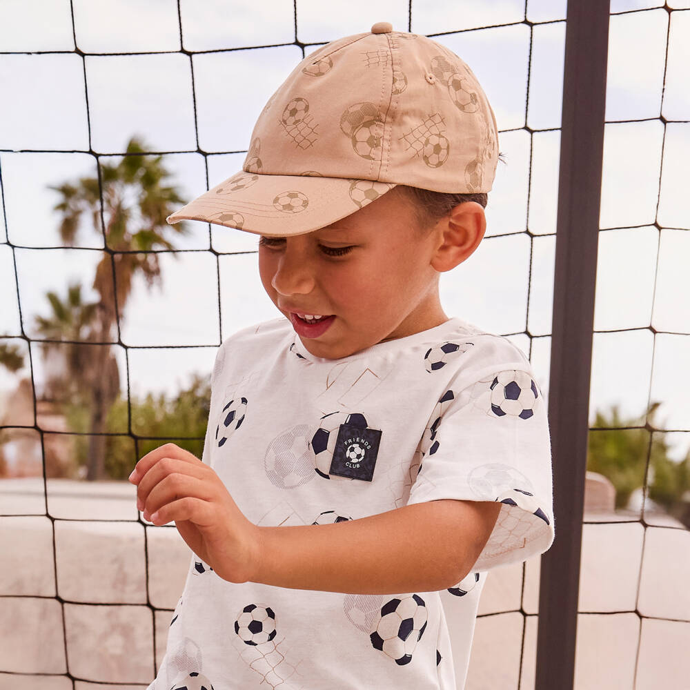 Mayoral-Boys Ivory & Navy Blue Cotton Shorts Set with Football Print | Childrensalon