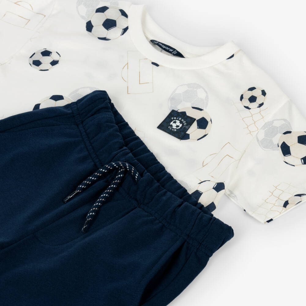 Mayoral-Boys Ivory & Navy Blue Cotton Shorts Set with Football Print | Childrensalon